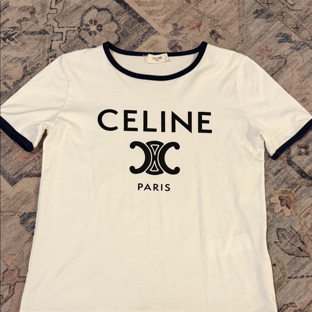 Celine Cream and Black Logo Tee